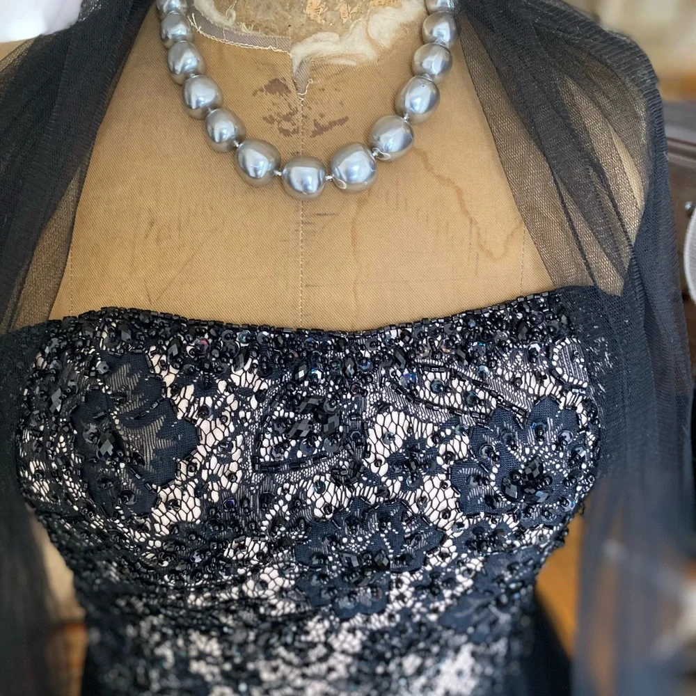 Witchy Goth Black Strapless Beaded Lace Tulle Bridal Gown - Picture 2 of 15